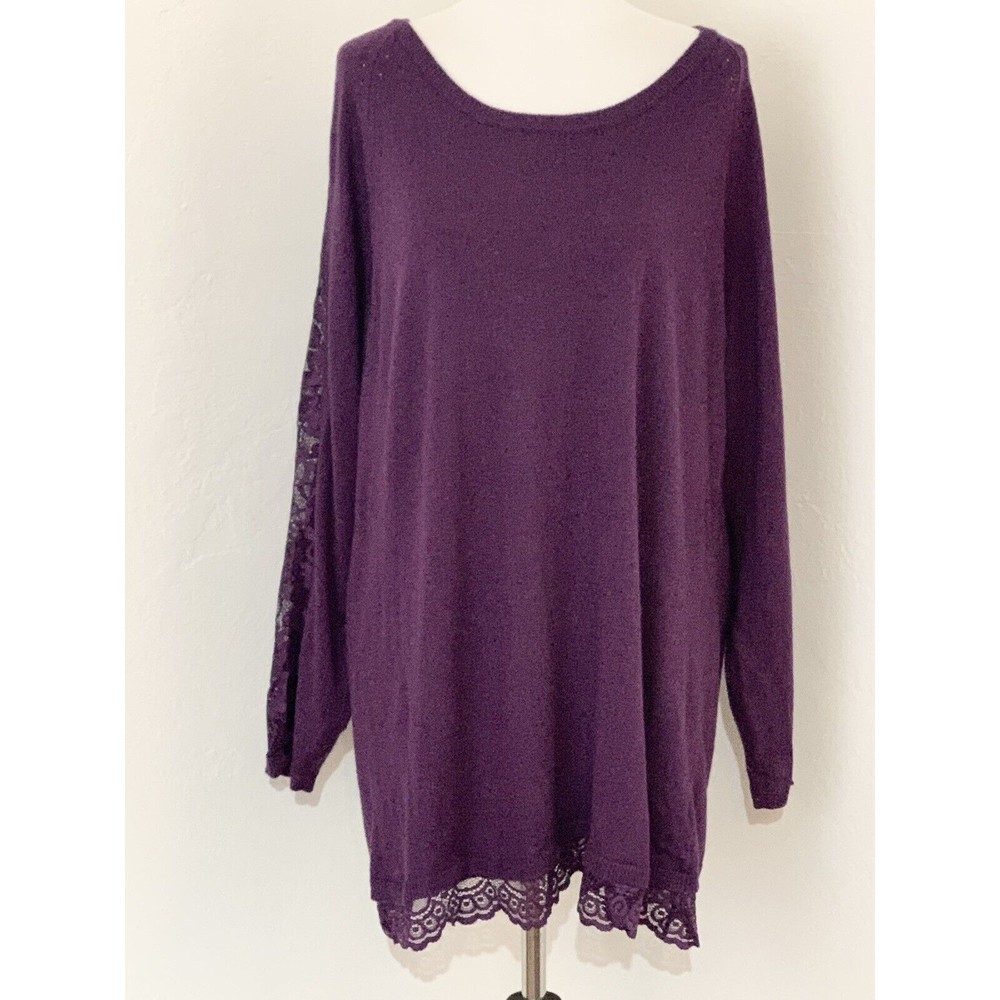Torrid Sweater Womans Size 1X Purple Split Back Tunic Lace Long Sleeve Pullover